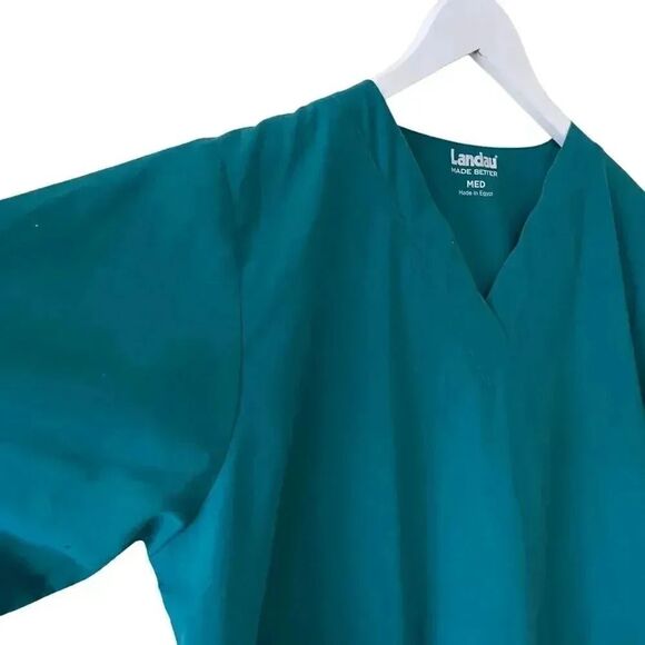 Landau Green V Neck Cotton Unisex Short Sleeves Scrub Top SZ M - Picture 5 of 11